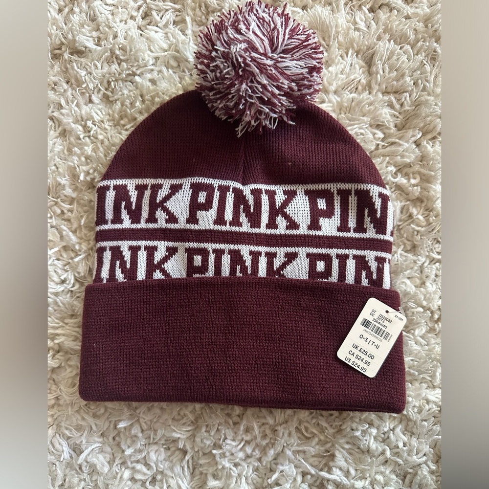 VS PINK Beanie burgundy and white Hat/beanie New with tags